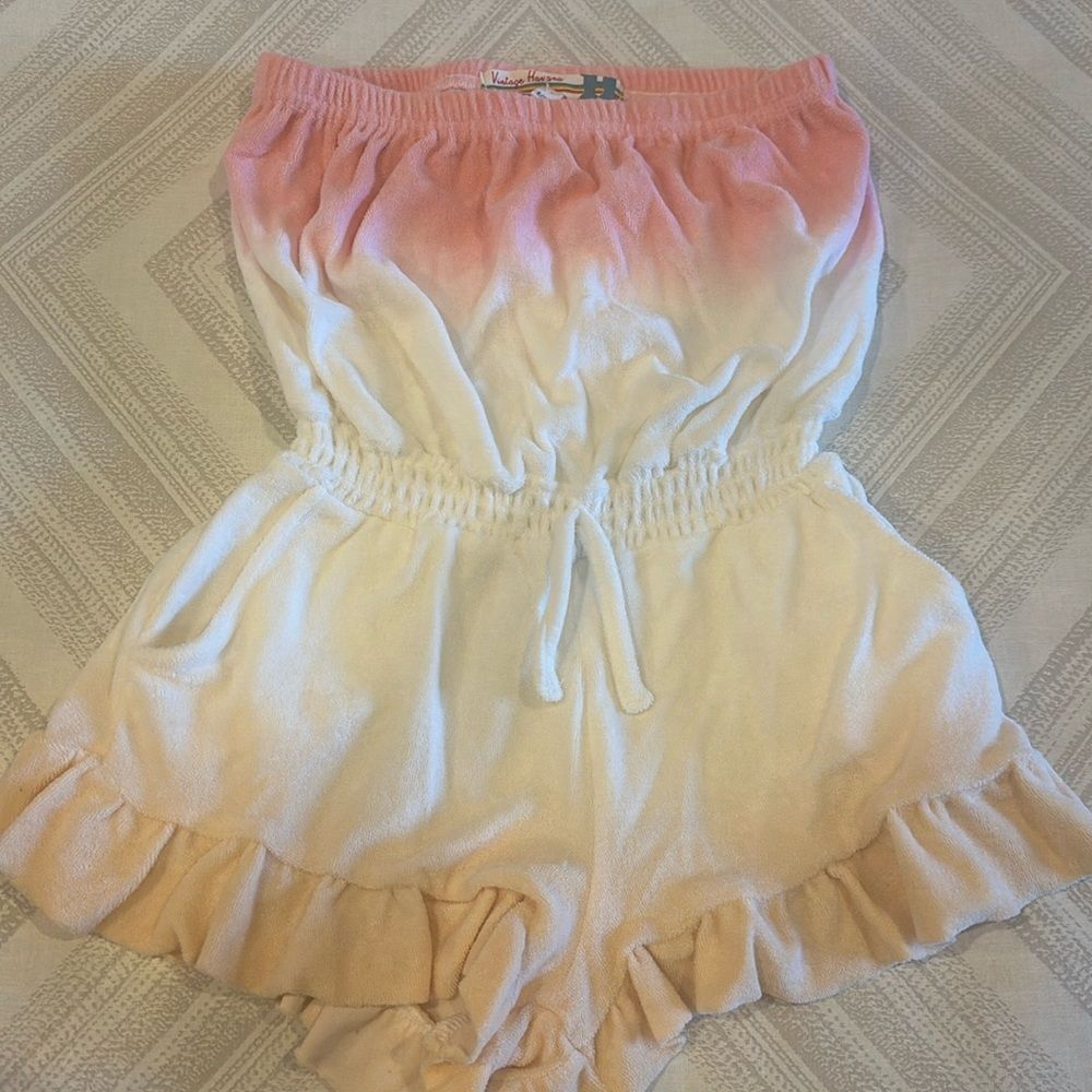 Vintage Havana Girls Pink & Ivory Dip Dye Ombre Terry Cloth Romper - Size S/7-8